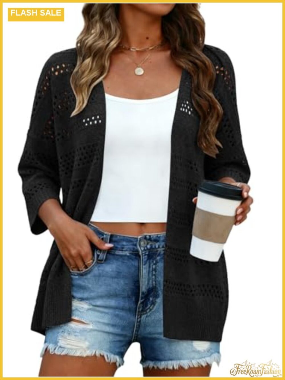 Women's 3/4 Sleeve Crochet Cardigan Open Front Lightweight Summer Sweater